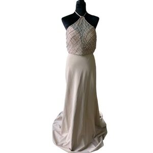 SHERRI Hill 2 Piece Beaded Halter Tan Gown